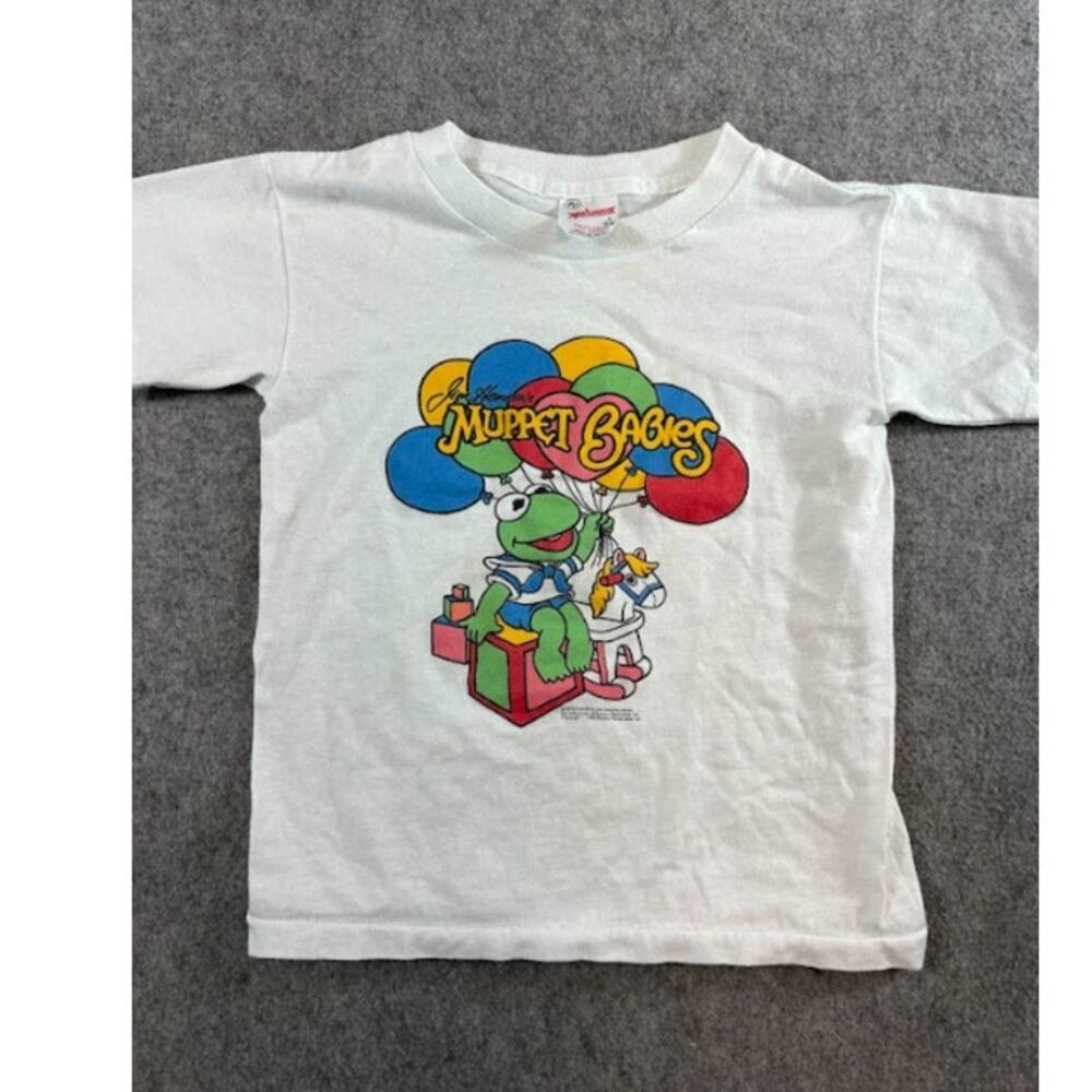 VTG 80s Jim Henson Muppet Babies Kermit Baby Tee Toddler Kids Small White Retro